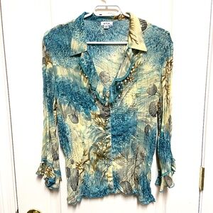 Boho Beaded Floral Top XL Blue Yellow Crinkle Blouse